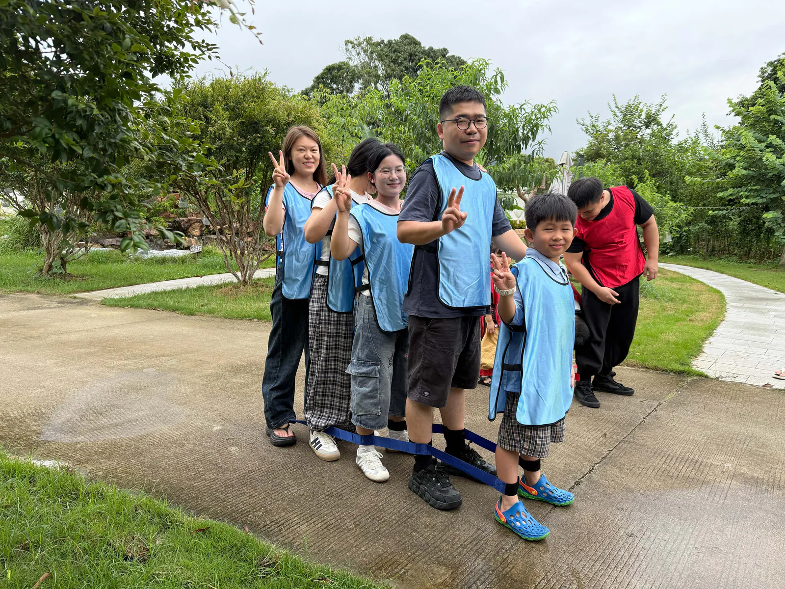 The blue team lined up together after a coordinated stepping activity